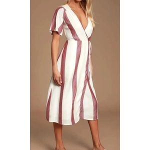 NWT Lulu’s Caleta Cream and Red Striped Midi Wrap Dress
